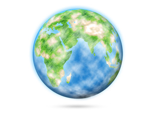 earth planet with some clouds isolated on white background. views of eurasia and africa. stylized il