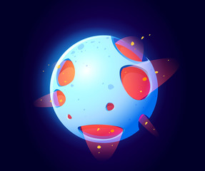 Wall Mural - Fantasy space planet for ui galaxy game. Vector cartoon icon of magic alien world, fantastic cosmic stone object with liquid fiery core, holes. Fantastic astronomy collection