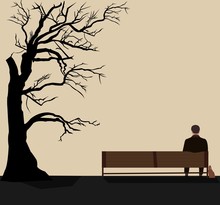 Back View Of A Man Sitting On A Bench In The Park. Flat Romance Illustration Of Young Man Spending Free Time In The Park.