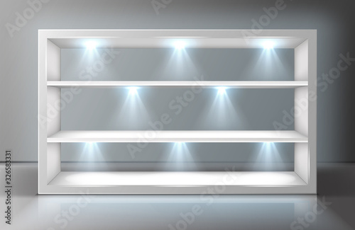 Fotomural Glass wall display case frame with shelves in empty exhibition room realistic vector