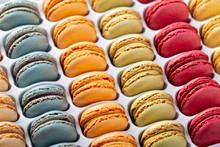 Colorful French Macarons Variety In A Box, Selection Of Flavors