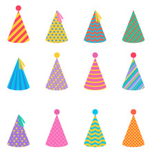 Collection Of Festive Paper Caps. Hats For The Party. Vector Illustration