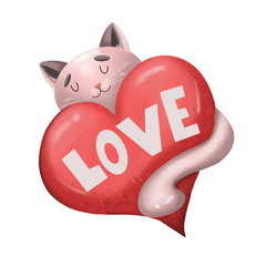 Wall Mural - cute cat hugging a heart