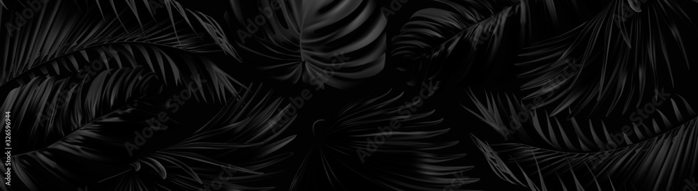 Vector horizontal banner with silver and black tropical leaves on dark background. Best as web banner  - obrazy, fototapety, plakaty 