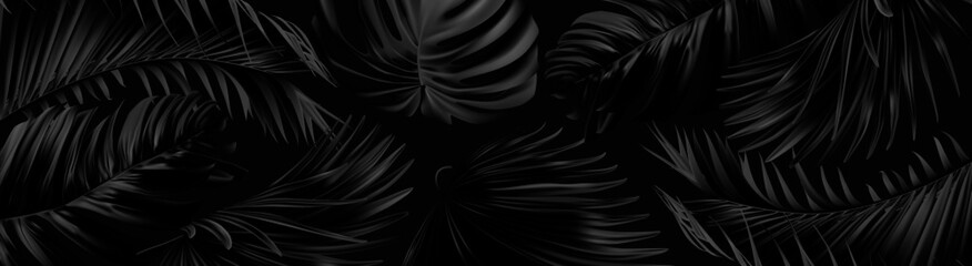 vector horizontal banner with silver and black tropical leaves on dark background. best as web banne