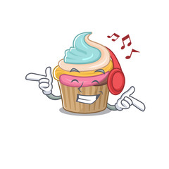 Sticker - Listening music rainbow cupcake cartoon character concept