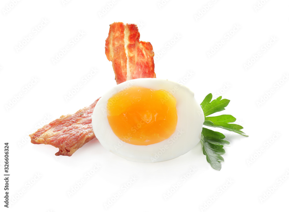 Fresh boiled egg with bacon on white background