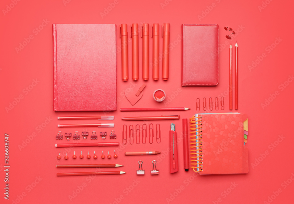 Set of school supplies on color background