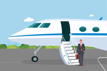 Wall Mural - Business jet with an open passenger door and a ramp on the take-off field. Businessman got off the plane. Vector flat style illustration.