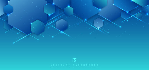 Poster - Abstract blue background geometric hexagon  overlapping with line and lighting technology futuristic digital concept.