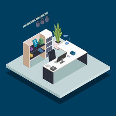 Poster - Library reception isometric color vector illustration. Office manager, librarian, receptionist desk. Bookstore administrator workplace. Public book library room 3d concept isolated on blue background