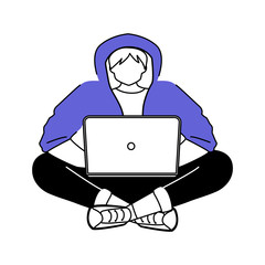 Poster - Guy in hoodie with laptop flat silhouette vector illustration. Young man working from home. Student. Computer hacker. 2D isolated outline character on white background. Simple style drawing