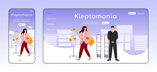 Poster - kleptomania adaptive landing page flat color vector template. store theft. addictive behavior mobile