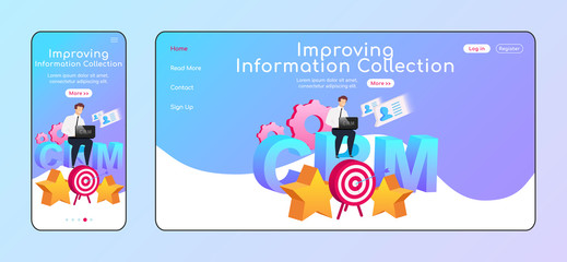 Wall Mural - Improving information collection adaptive landing page flat color vector template. Arrow in target mobile, PC homepage layout. Male with laptop one page website UI. CRM webpage cross platform design