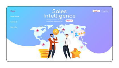 Poster - Sales intelligence landing page flat color vector template. Smiling men shake hands homepage layout. Partnership one page website interface with cartoon character. High rating web banner, webpage