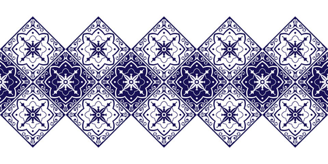 Wall Mural - Tile border pattern vector seamless. Ceramic retro ornament texture. Portuguese azulejos, sicily italian majolica, mexican talavera, spanish mosaic, moroccan, damask, delft dutch motifs.