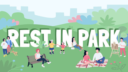 rest in park word concepts flat color vector banner. typography with tiny cartoon characters. family