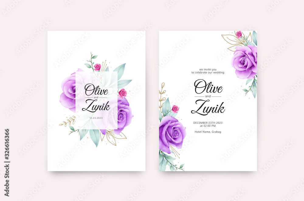 Elegant wedding card template with roses purple watercolor Stock Vector ...