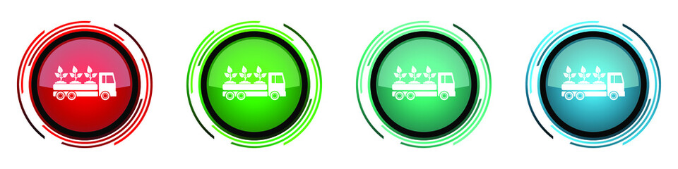 Aufkleber - Truck round glossy vector icons, plants and trees delivery set of buttons for webdesign, internet and mobile phone applications in four colors options isolated on white background