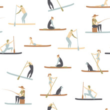 Vector Pattern With People Standing On Sup Boards On White Background. Vector Illustration.