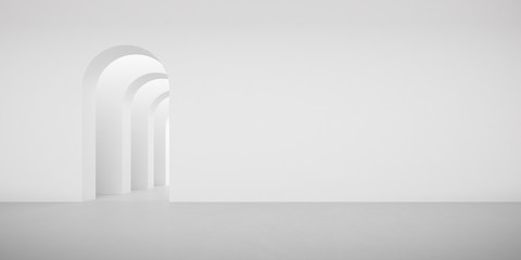 Wall Mural - View of empty white room with arch design and concrete floor,Museum space, Chapel entrance, Perspective of minimal architecture. 3D render.