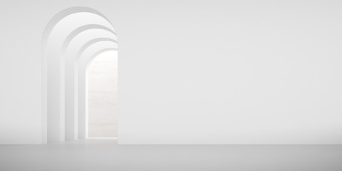 Aufkleber - View of empty white room with arch design and concrete floor,Museum space, Chapel entrance, Perspective of minimal architecture. 3D render.