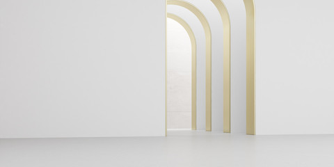 Wall Mural - View of empty white room with arch design and concrete floor,Museum space, Chapel entrance, Perspective of minimal architecture. 3D render.