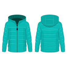 Turquoise Winter Down Zipped Jacket With Hood Isolated Vector On The White Background