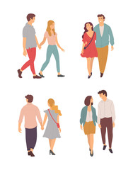 set of young couples walking together front, side and back view. happy cartoon people in summer clot