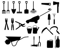Set Of Garden Tools Silhouettes, Vector Isolated