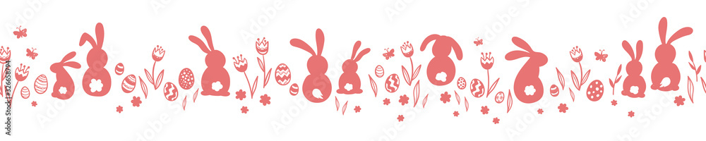 Cute hand drawn horizontal seamless pattern with bunnies, easter eggs, flowers and butterflies, great for banners, wallpapers, websites, cards - vector design - obrazy, fototapety, plakaty 