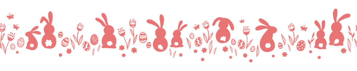 Wall Mural - Cute hand drawn horizontal seamless pattern with bunnies, easter eggs, flowers and butterflies, great for banners, wallpapers, websites, cards - vector design