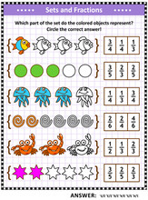 Math Puzzle Or Worksheet For Schoolchildren And Adults With Pictorial Fraction Representations By Sets. Answer Included.