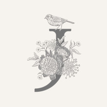 Decoration With Letter J, Decorative Flowers And Bird.