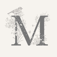 Decoration With Letter M, Decorative Flowers And Bird.