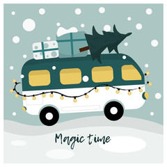 Cute christmas illustration with bus and gifts