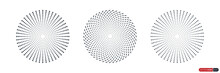 Set Of Circle Halftone Dot Patterns Sunburst. Vintage Linear Rays Of Sun. Flat Vector Design Elements.