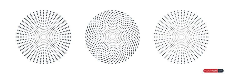 Set of Circle Halftone Dot Patterns Sunburst. Vintage Linear Rays of Sun. Flat Vector Design Elements.