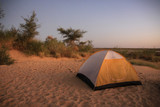 Fototapeta  - namiot rozbity na plaży obok krzewów w ciepły letni wieczór