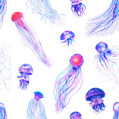 Wall Mural - Pattern seamless jellyfishes Colorful repeat texture wallpaper design illustration Watercolor in bright style vivid blue purple violet medusa isolated on white background