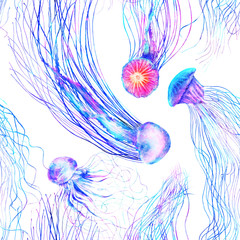 Wall Mural - Pattern seamless jellyfishes Colorful repeat texture wallpaper design illustration Watercolor in bright style vivid blue purple violet medusa isolated on white background