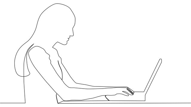 continuous line drawing of woman sitting with computer laptop