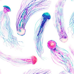 Wall Mural - Pattern seamless jellyfishes Colorful repeat texture wallpaper design illustration Watercolor in bright style vivid blue purple violet medusa isolated on white background