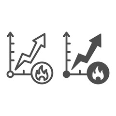 Poster - Fuel price increase line and solid icon. Energy market price growth graph, trading chart with fire sign. Oil industry vector design concept, outline style pictogram on white background.