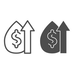 Poster - Price increase line and solid icon. Market growth graph, drop with dollar sign and arrow. Oil industry vector design concept, outline style pictogram on white background.