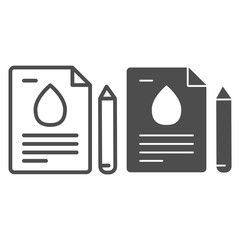 Poster - Fuel production contract line and solid icon. Agreement document with drop sign and pen. Oil industry vector design concept, outline style pictogram on white background.