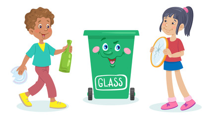 Sticker - Children carry glass waste in a green dustbin. Separate garbage collection. In cartoon style. Isolated on white background. Vector illustration.