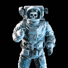 Wall Mural - pointing at you undead astronaut / 3d illustration of dramatically lit skull faced zombie astronaut 