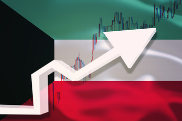 Kuwait growth chart. White 3D arrow and stocks chart grows up on the background of waving flag of the country.