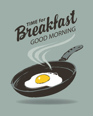 Vector menu or banner on the theme of Breakfast time. Illustration with hot fried egg on a frying pan in retro style. Morning banner or menu